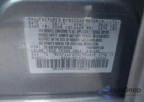 2017 Nissan Sentra Sr z USA, uszkodzony, nr VIN 3N1AB7AP4HY380564